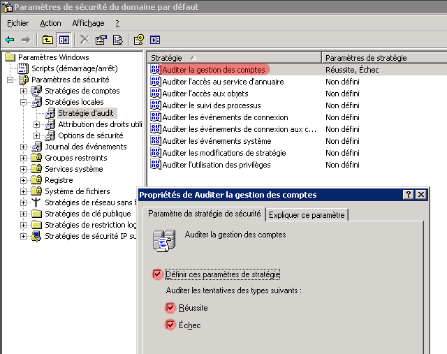 Activer l'audit de la gestion des comptes